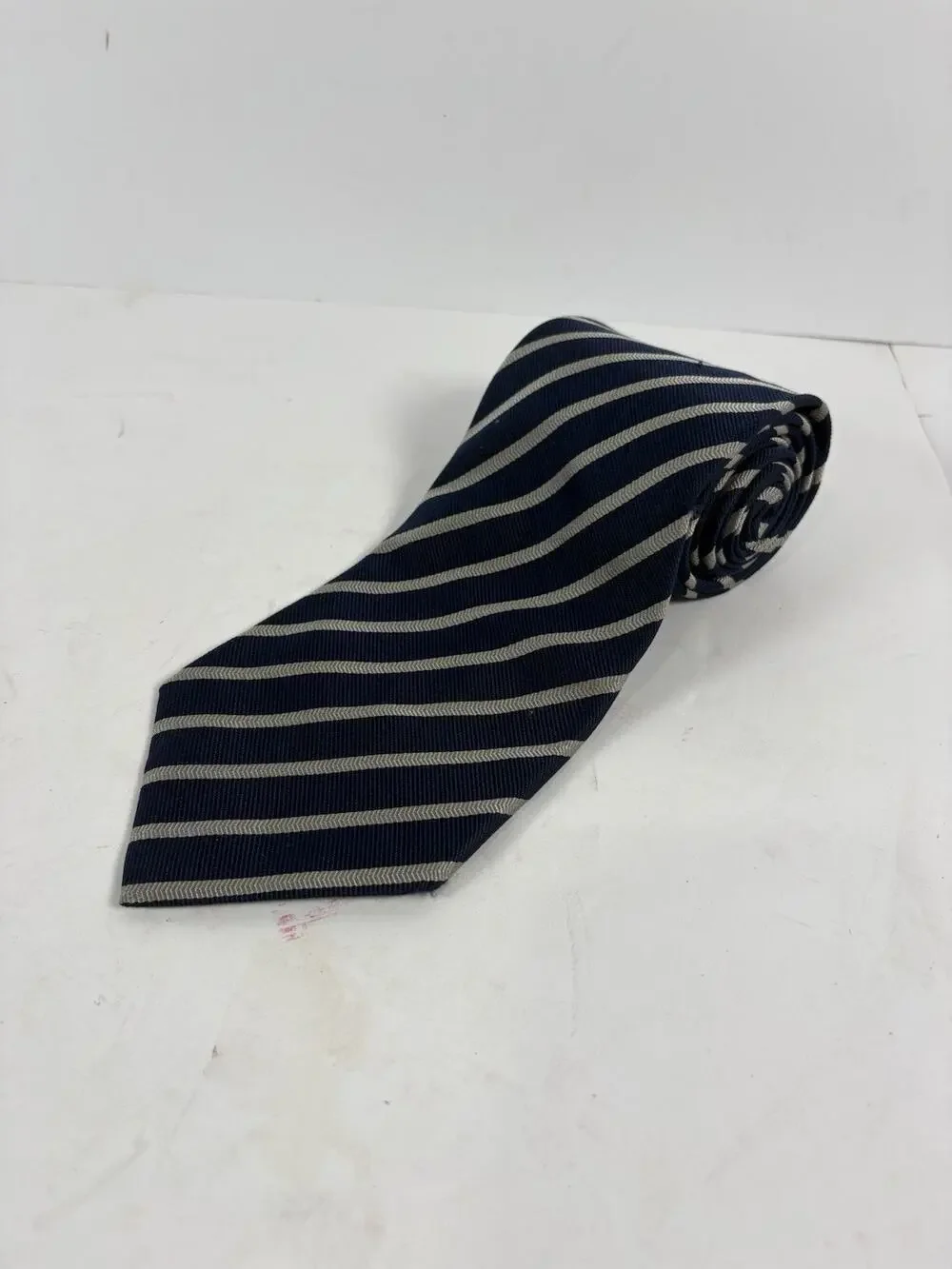 XMI Nordstrom Mens Silk Tie Navy Blue Silver Stripe Hand Sewn USA Necktie